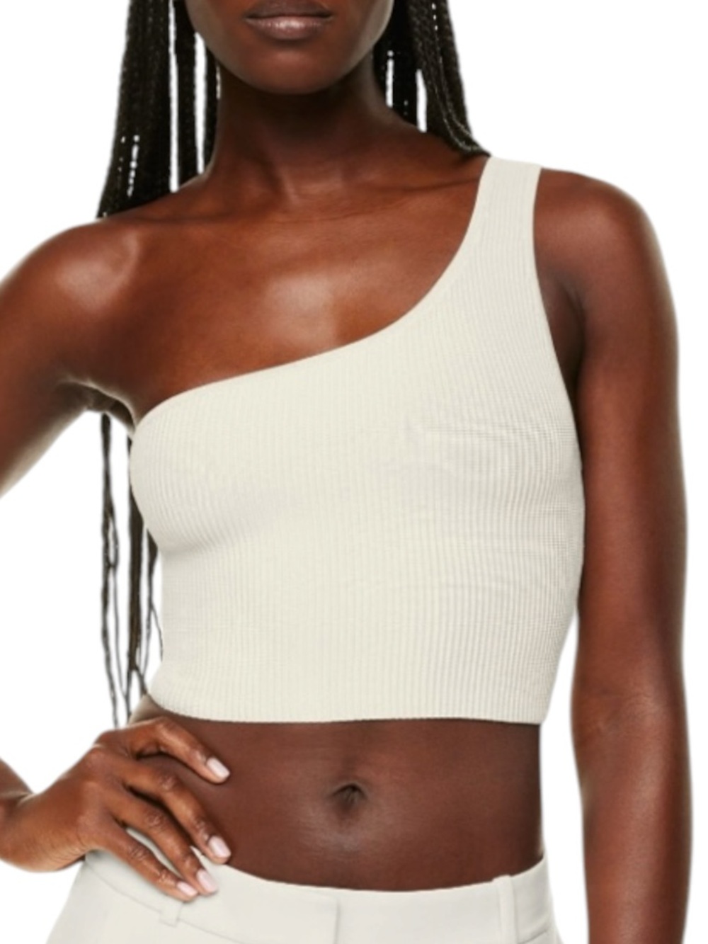 Aritzia Babaton Cream One-Shoulder Ribbed Crop Top
